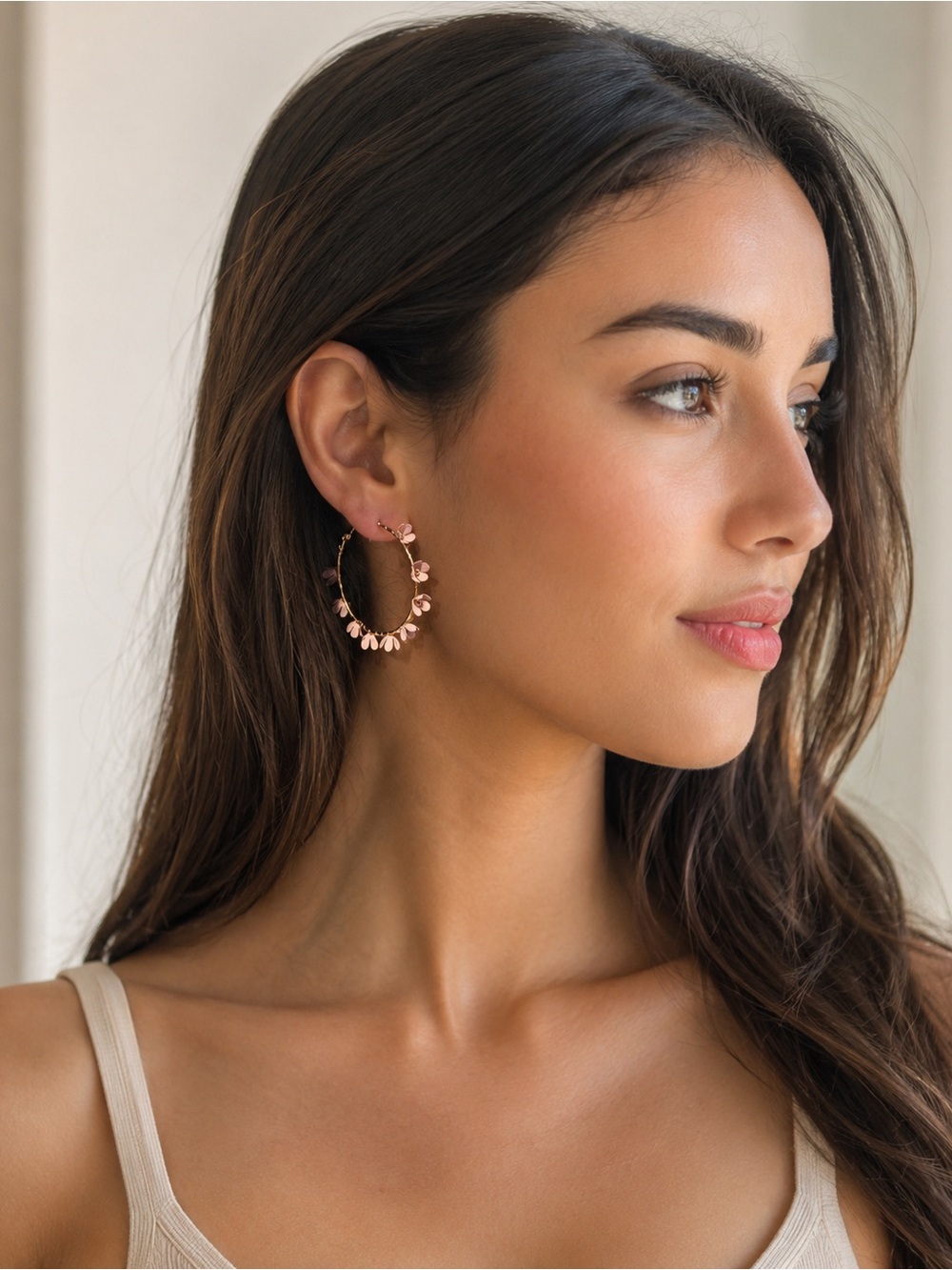 Gold Tone Pink Floral Hoop Earrings | Flower Statement Hoops